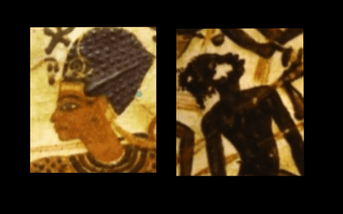 Look very closely and you can see the facial image of the Nubians is the same as the Nubian slave above. These photos also depict the Egyptians with straight hair and light brown skin.