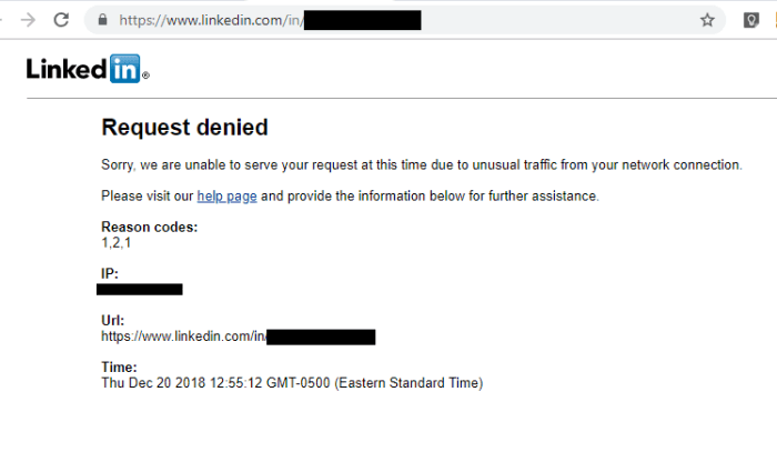 Look at this error LinkedIn is throwing when you click a LinkedIn link from inside of the Broken Link Checker WordPress plugin. It's a 999 server error. I've redacted the profile I was testing for privacy issues.