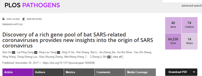Title page, NIH-funded Wuhan Laboratory study, "Discovery of a rich gene pool of bat SARS-related coronaviruses provides new insights into the origin of SARS coronavirus."