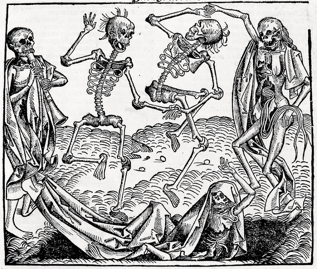 This image of the Dance of Death (by Michael Wolgemeut) was published in Hartman Schedel's Chronicle of the World (Nuremberg, 1493).