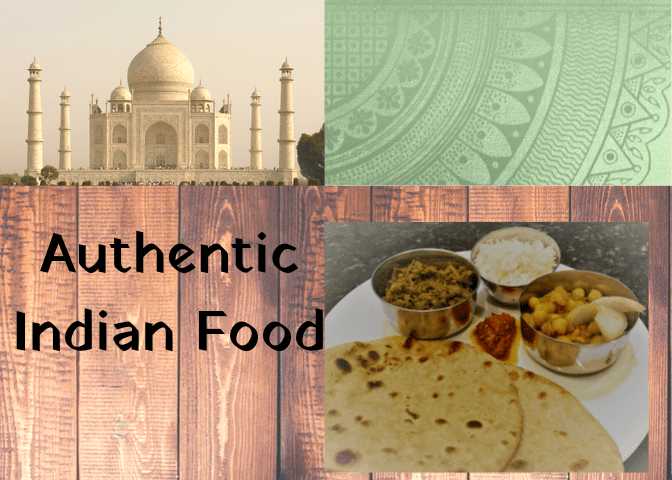 A North Indian Authentic Indian Meal consisting of spicy vegetables, hot buttered bread (Paratha), with side of rice and spicy mango pickle.