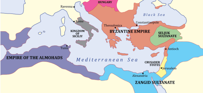 The empire around 1180 - the time of the Crusades when Rome 'permitted' crusaders to ransack Constantinople on their way to the Holy Land