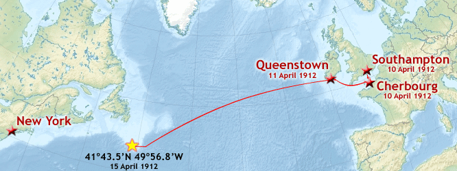Route of the first and only voyage of the Titanic, April 10-15, 1912.