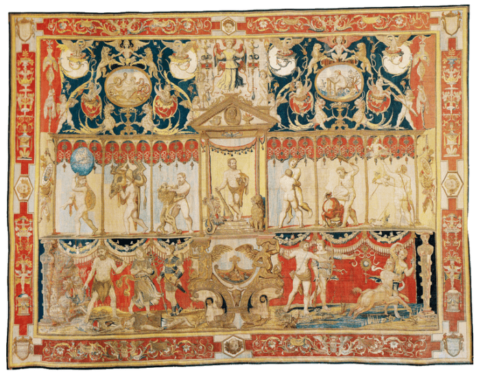 "Triumph of Hercules", commissioned by Pope Leo V, woven for King Henry VIII in Brussels ca. 1540-42. Today hangs in Hampton Court Palace, London.