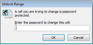Dialogue box a user will receive when trying to modify a range of cells that do not have permission to modify in Excel 2007 and Excel 2010.