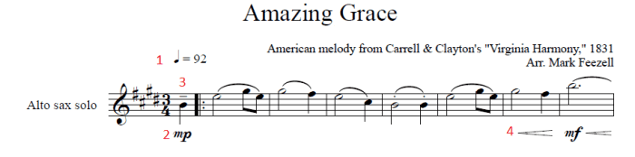 First line of Amazing Grace with the musical notation highlighted.