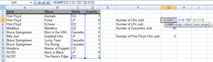 Example of a SUMIF function used in a formula in Excel 2007 and Excel 2010.