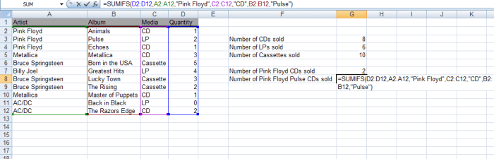 A further example of a SUMIFS function used in a formula in Excel 2007 and Excel 2010