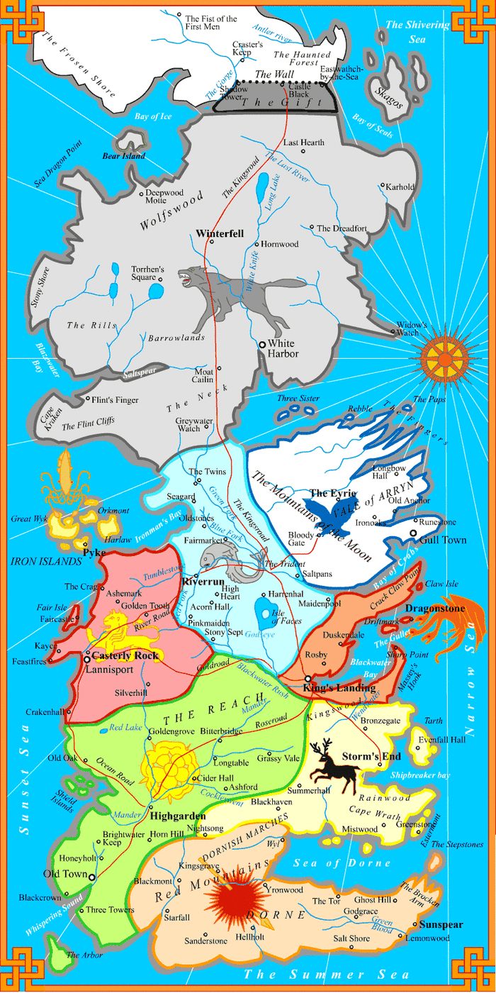 Political Map of Westeros showing the Crownlands, the Seven Kingdoms of Westeros and Beyond the Wall