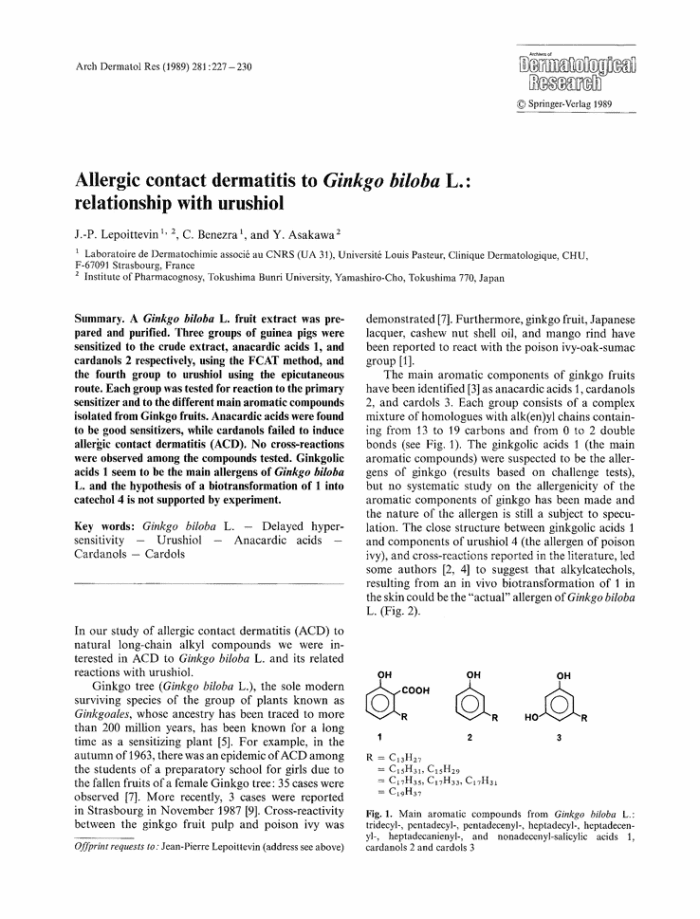 Paper by J. -P. Lepoittevin, C. Benezra, Y. Asakawa on Allergic contact Dermatitis from Ginkgo seeds