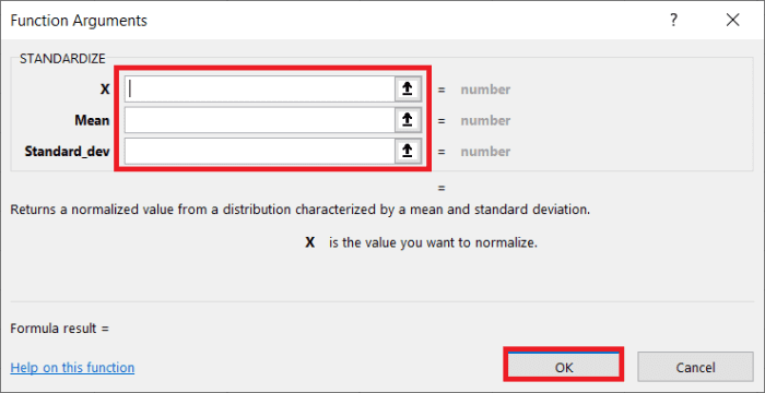 Here in the functional arguments window arguments for the STANDARDIZE function can easily be added. Instructions are given depending on which field the cursor is in so you can understand exactly what type of data needs to be added.