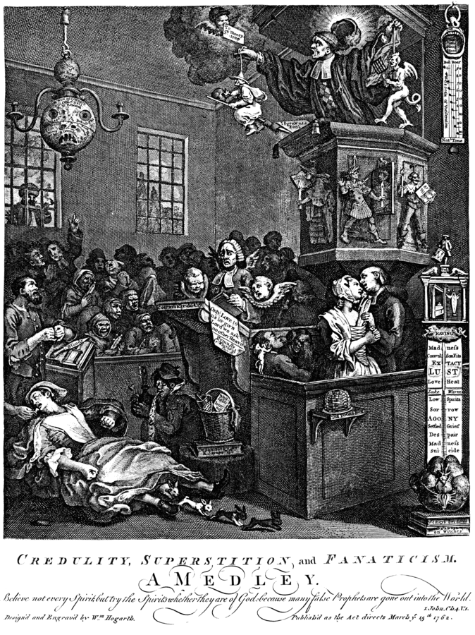 William Hogarth depicted Mary Toft in his print "Credulity, Superstition, and Fanaticism," ridiculing the willingness of religious and secular authorities to believe nonsense.