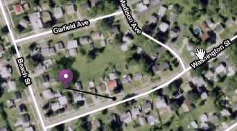 Martin's neighborhood, Washington Street at Beach. Just right of the text "Beach St", is house #11's willow tree. Also note the two small trees in Martin's origin sketch have become quite large. The pin shows the place Martin stood in the vision.