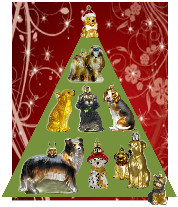 Top to Bottom, left to right, Jolly Pup in Santa Hat, Shih Tzu, Golden Retriever, Poodle, Beagle, Border Collie, Dalmatian, Pug, Yellow Lab,Yorkie. Many more breeds and generic dog ornaments are available, including different colors and poses.