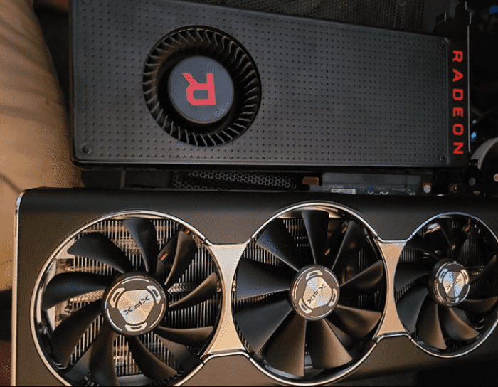 Big card with big results. Here's the XFX RX 5700 Xt next to the RX Vega 64. The 5700Xt is available for ordering with a 2 to 3 week wait time.