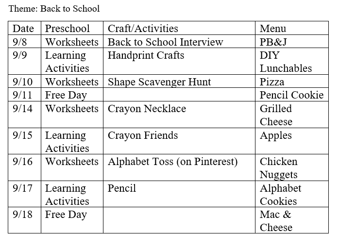 Using a table to write out lesson plans keeps things organized and easy to refer back to.