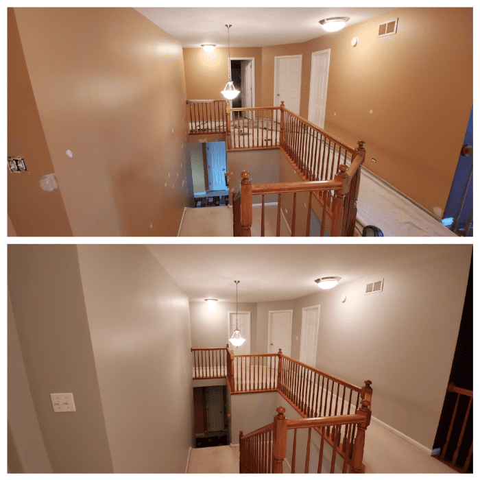 A stairway and hallway I painted with Sherwin Williams Repose Gray. The color is more grayish in a room with bright lighting.