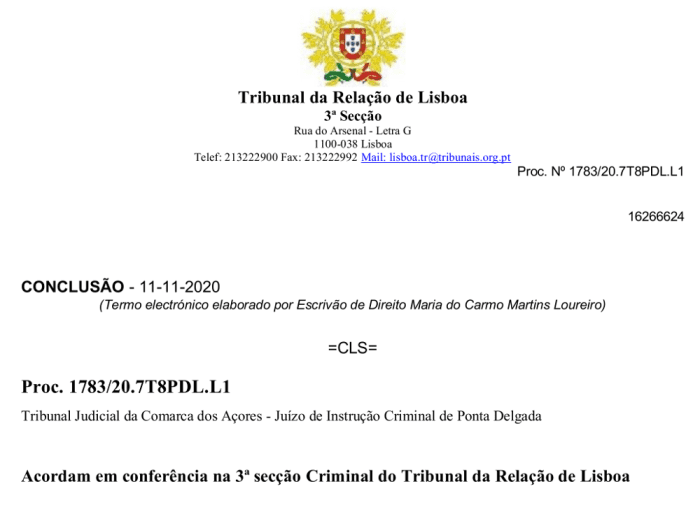 Image of top page in original Portuguese legal case invalidating PCR test, captured from original online document