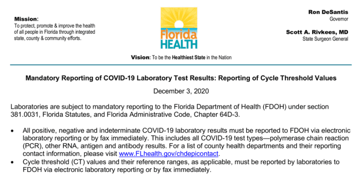 Image of top part of Florida 12-03-2020 memo mandating reporting cycle threshold values, captured from original online document