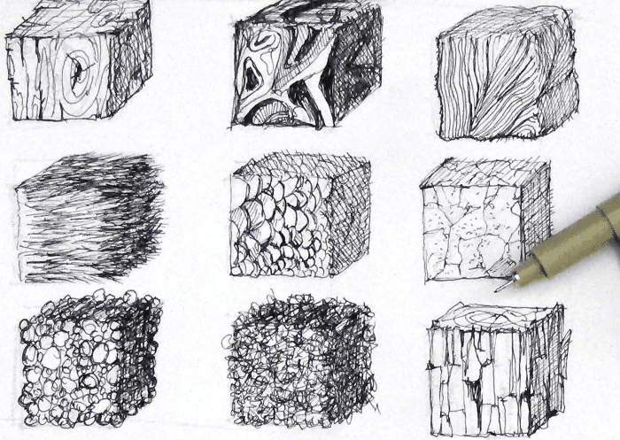 For a start, begin drawing these textural cubes. You can transform them into spheres and cuboids as well.