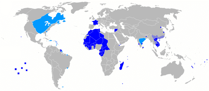The light blue on the map is the territory of the first French colonial empire, while the dark blue is that of the second