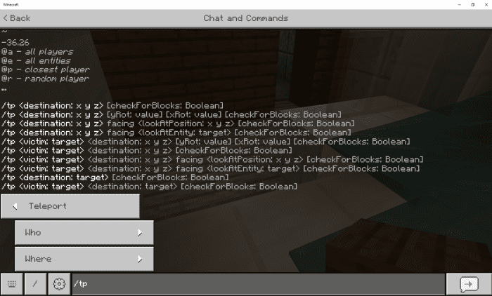 The chat screen in "Minecraft" also allows players to enter console commands, such as this list of teleport commands.