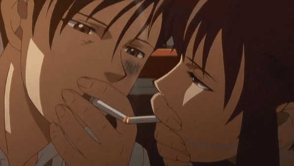 Referred to by fans as the "cigarette kiss" because it marks the change in Rock and Revy's relationship, it is still nonetheless low key. Neither person makes any other similar gestures beyond this point despite their closeness.