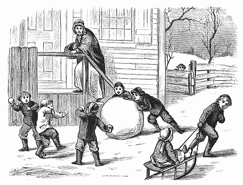 Playing in the snow, making snowballs, snowmen, and sledding is so fun! I loved this drawing, and all it depicts. Public Domain.