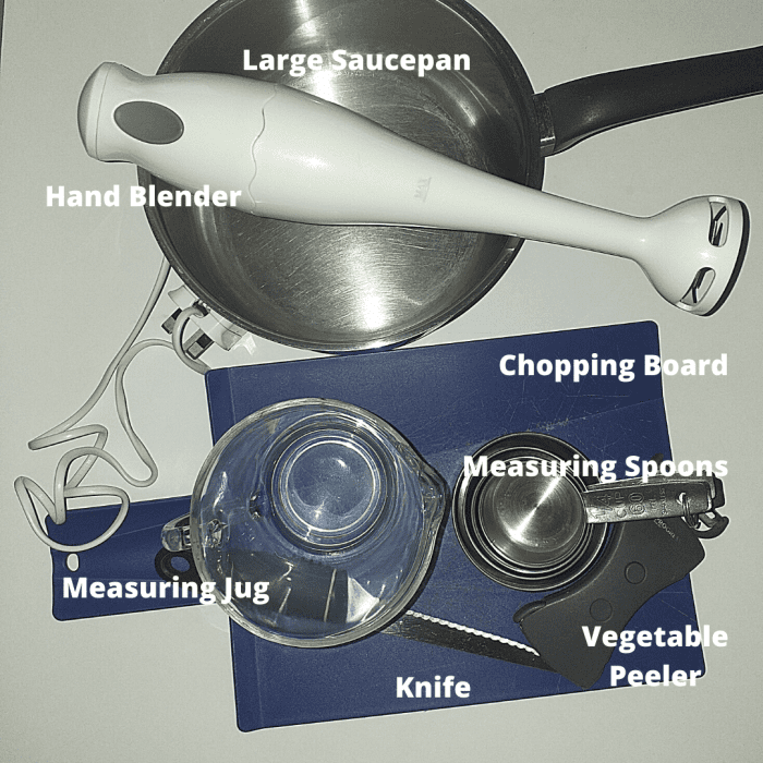List of equipment you need for making your soup. 