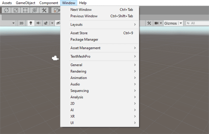 Many different editor windows are accessible through the Window menu. These can all be docked on their own, with other windows, or un-docked and free floating.