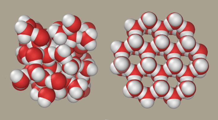 left image is water as a liquid, the right image is the crystallization of water in its process of freezing