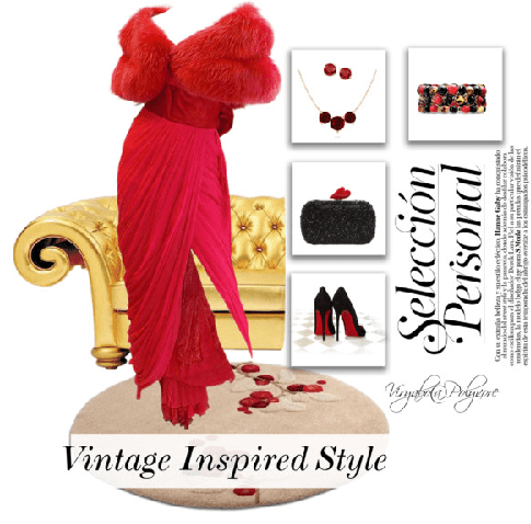 Chic vintage style - Old Hollywood dress with faux fur details an the characteristic red color. Fashion accessories include stiletto heels, clutch handbag, and costume jewelry. A Vintage Inspired Style