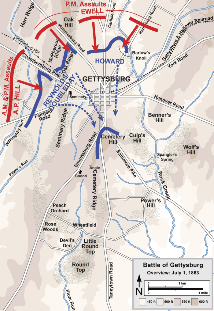 The first day battle map of Gettysburg. Confederate forces overwhelm the Union right flank forcing them to retreat south of Gettysburg with very heavy casualties. Over 4,000 Union troops were captured by Lee's soldiers.