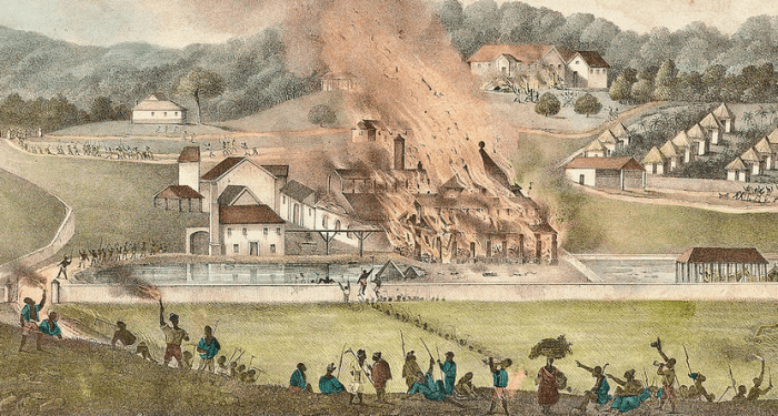 Painting depicting the burning of Roehampton Estate during the Great Jamaican Slave Revolt in Jamaica by Adolphe Duperly 1833