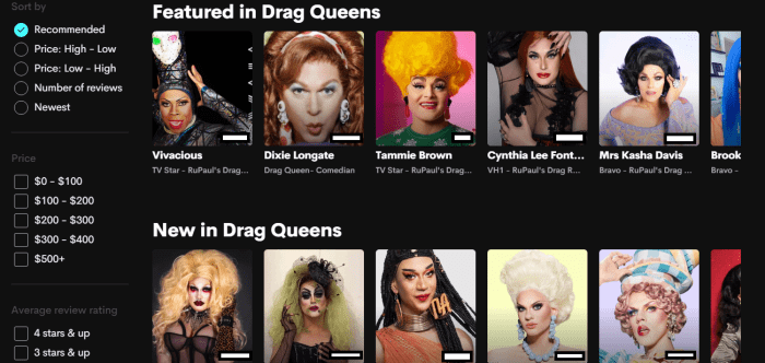 Search results for 'drag queens' on Cameo. New profiles on the platform are on prominent display.