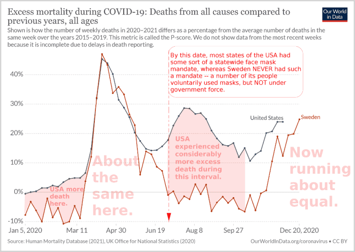 Figure 9. Graph comparing excess mortality for the United States and Sweden from January through December of 2020, adapted and notated by R. G. Kernodle