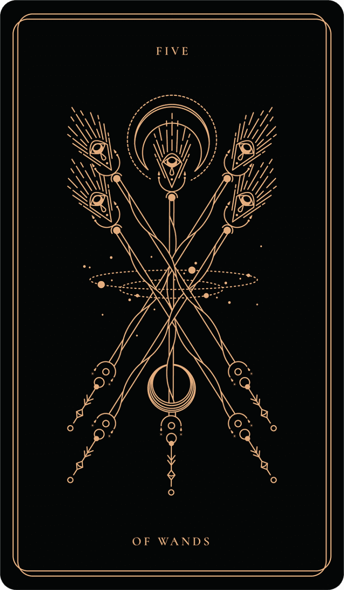 The Five of Wands is about conflict, too many cooks in the kitchen, disagreements, and battles. Everyone picks up a stick and fights -- it's unclear if there will be a winner.
