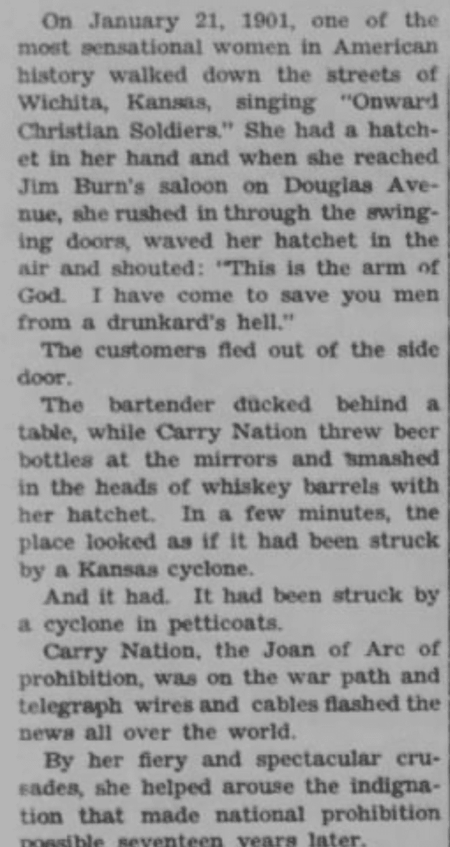 The Bremen Enquirer (Bremen, Indiana) 05 Jan 1939, Thu • Page 7 - An article about Carry Nation by Dale Carnegie.