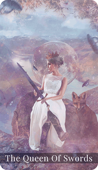 The Queen of Swords is among the angels. She looks to wisdom and the divine before she makes a decision. She has the power of wisdom on her side.
