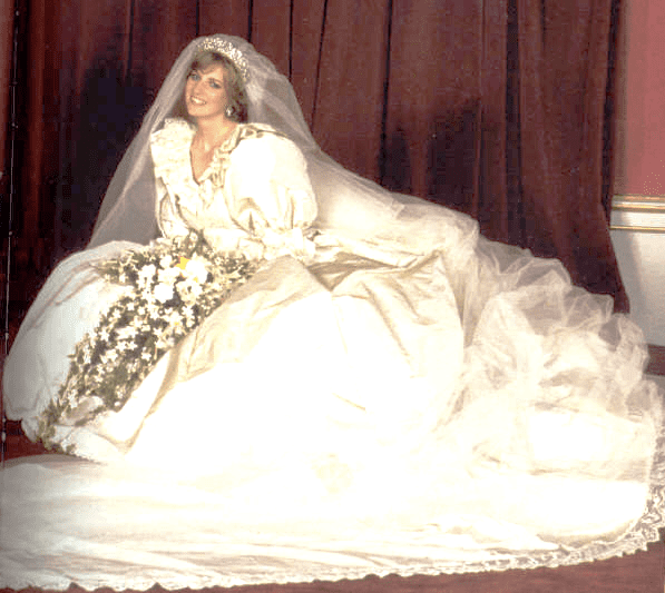 Photo featuring the front of Princess Diana's wedding gown, July, 1981. Ideas for a Nostalgia Pinboard: Diana Spencer: The First of The Fairy Tale Weddings OR Royal Brides of Britain