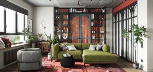The living room for the Chinese Zodiac Dog. It should be a mix of green and red. It should be spacious, inviting, and charming. People should feel welcome to talk, hang out, and play.