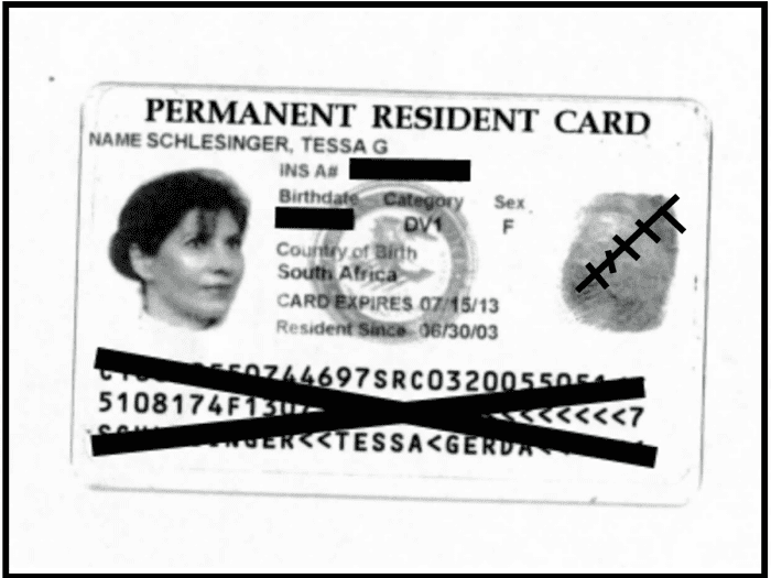 This is what my green card looked like. It's actually pink. A green card is permittion to reside and work in America. This called permanent residence. It does not confer citizenship.