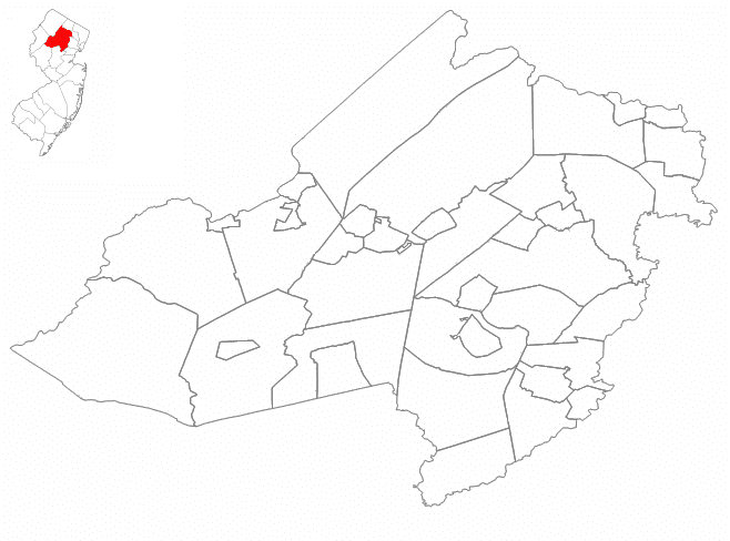Morris County, New Jersey divided by municipality. In the upper left hand corner, Morris County's position in New Jersey is highlighted in red.