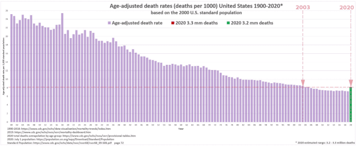 Figure 2. Graph of United States Age Adjusted Death Rate from 1900 to 2020, Adapted from Original Source by R. G. Kernodle.