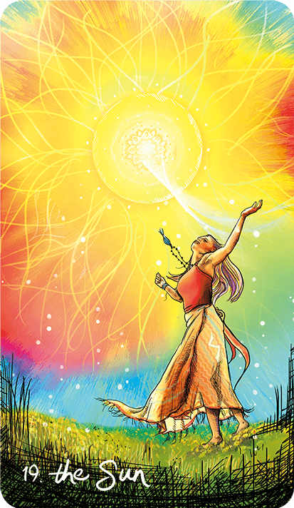 The Sun is a blast of fire energy. It's meant to be positive and radiant. It encourages people to accept the energy of the Sun into their lives, to get vitamins from it, and to renew their confidence. The Sun card connects to the three fire signs.