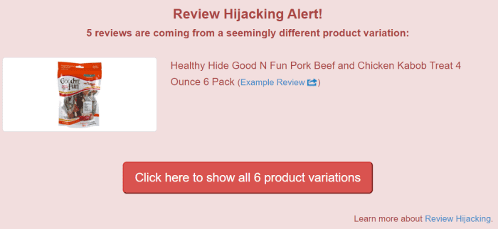 Review hijacking refers to sellers taking over unrelated listings and adding them as a product variation