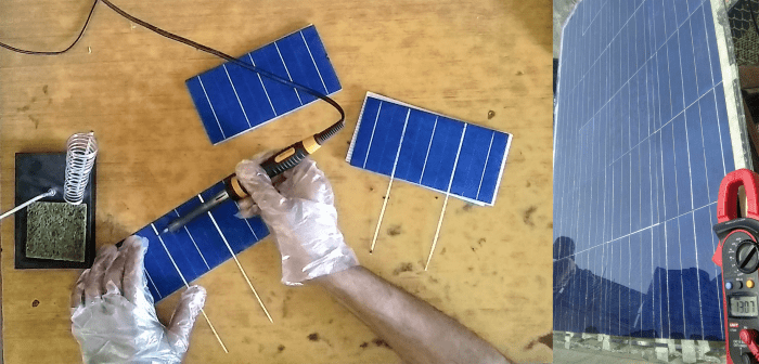 Soldering tabbing wire on solar cells consumes the most time. Right: Testing a DIY solar panel in sunlight.