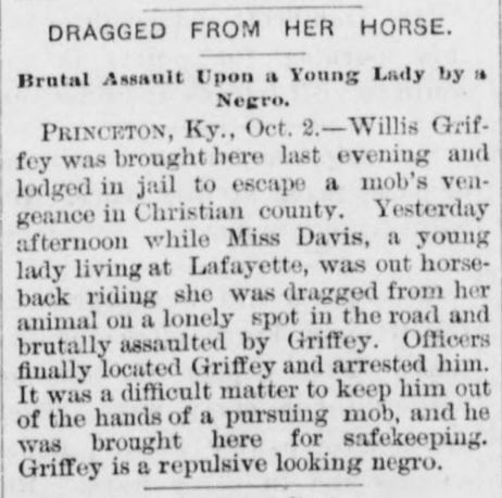 Newspaper clipping regarding the lynching of Willis Griffey.