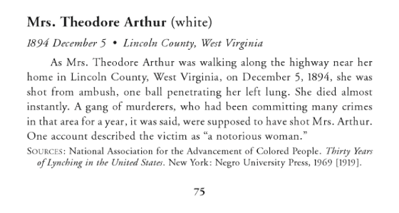 Book excerpt regarding lynching of Mrs. Teddy Arthur, white woman.