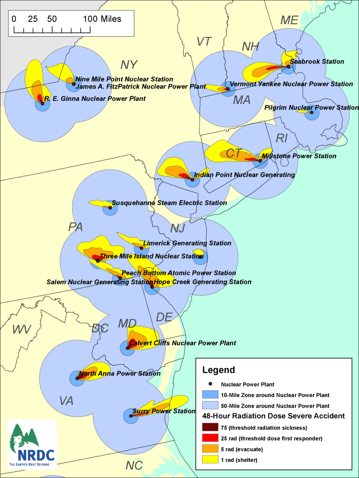 Map of the Eastern Seaboard of the United States if nuclear meltdown should occur, the map gives an idea where the radioactive plumes might drift.